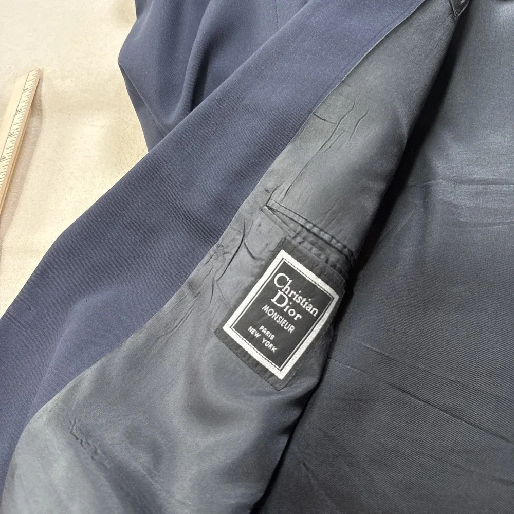 Vtg USA Made Christian Dior 42 Navy Blue Gold Button Blazer Jacket Sport Coat